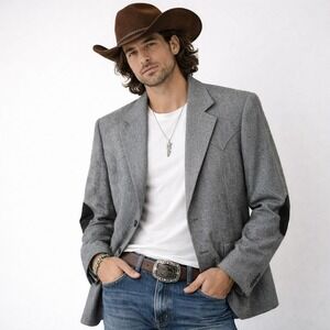 VTG H Bar C Ranchwear Western Blazer Jacket 42 Gray Wool Cowboy Elbow Patch USA